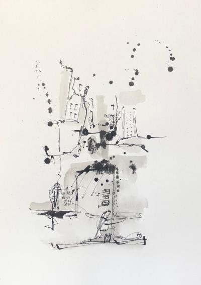 City Dirt ,Edificios y cadenas,2018,ink on paper,21x15cm