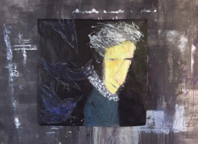 The figure with crows, 2020, acrylic and pastels on black canson paper, 100 x 100 cm